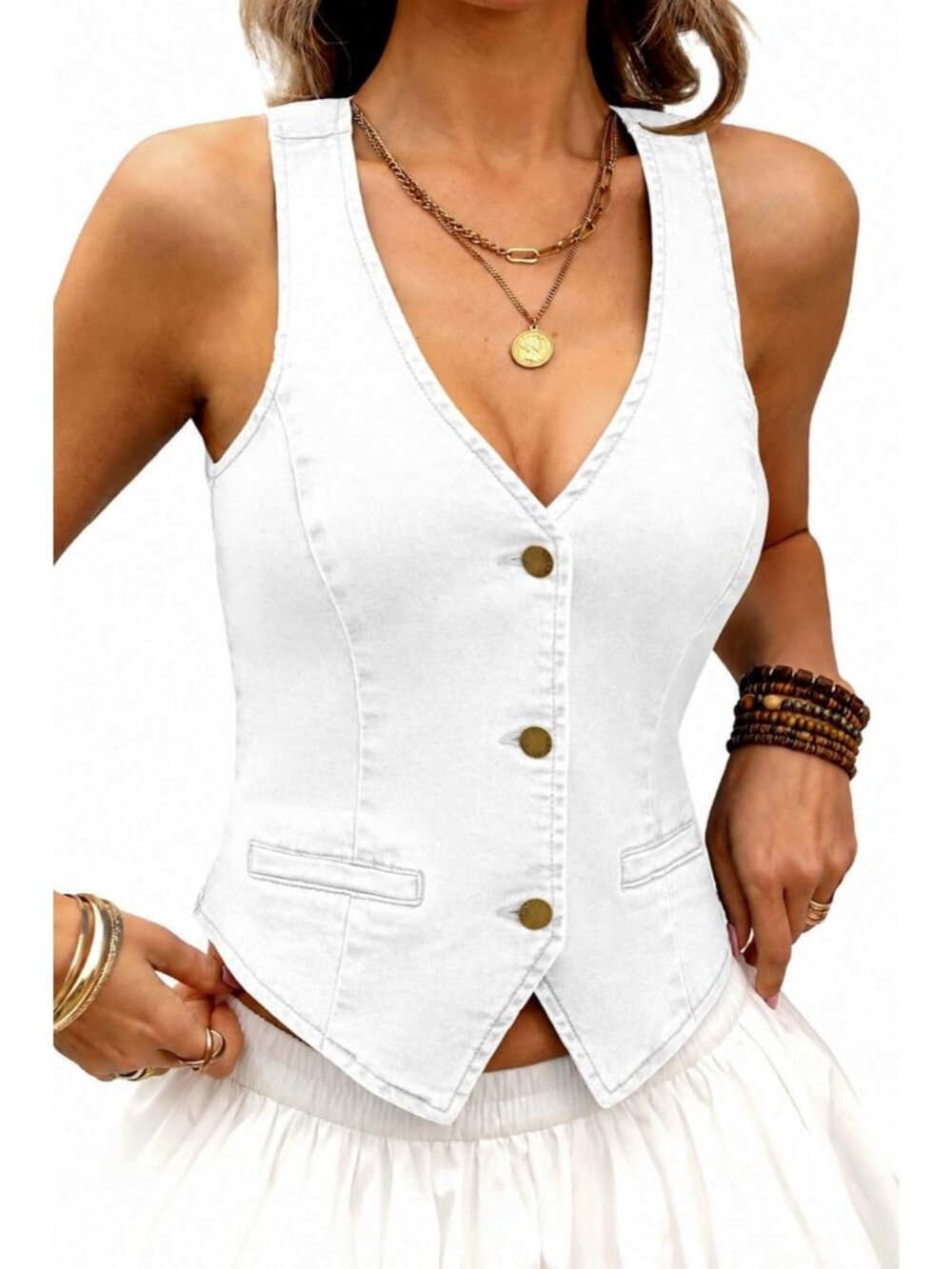 Women's White V Neck Cropped Denim Vest Jean With Faux Pockets